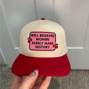 Red and Cream Trucker Hat with Embroidered Patch